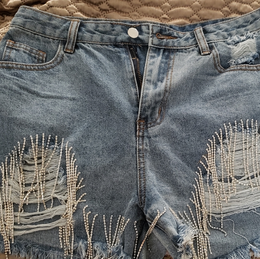 Crystal fringe jean shorts